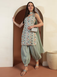 Kantha Thread Embroidered Kurta Set with Mirror Embellishments & Afghani Salwar