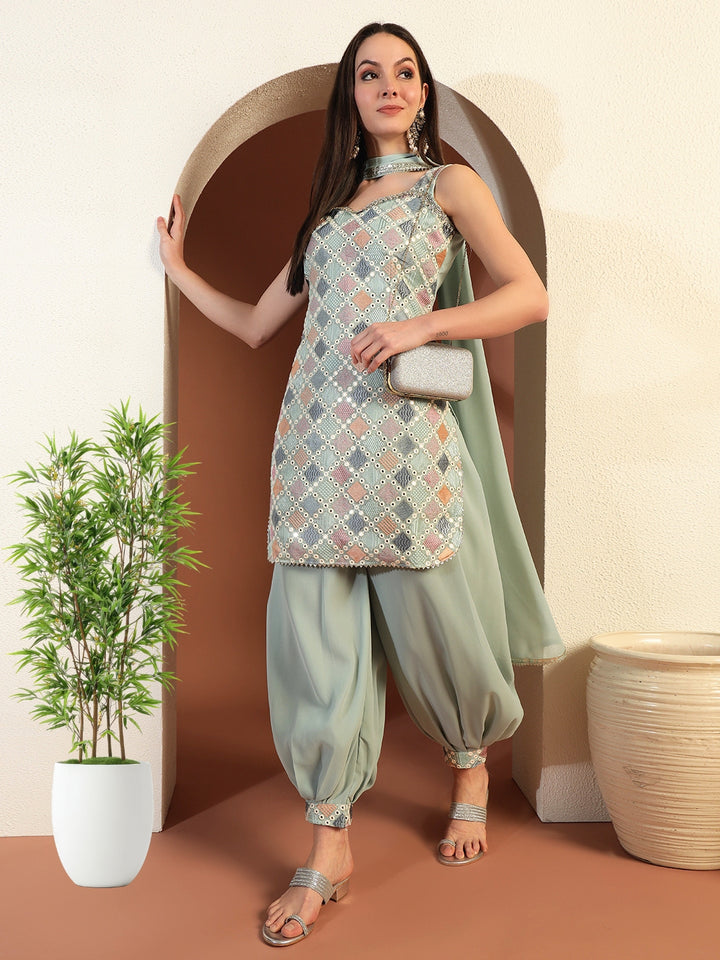 Kantha Thread Embroidered Kurta Set with Mirror Embellishments & Afghani Salwar