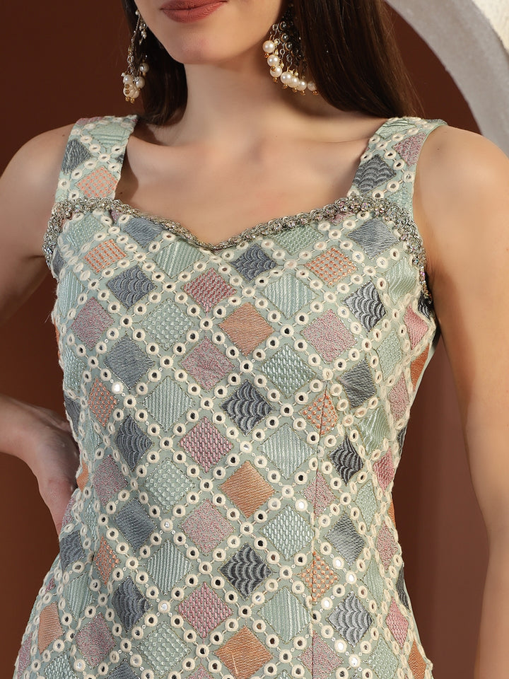 Kantha Thread Embroidered Kurta Set with Mirror Embellishments & Afghani Salwar