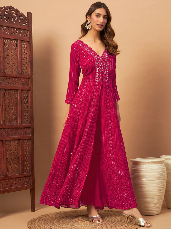 Chhabra 555 Georgette Floral Resham Embroidered Front Slit Long Kurta with Flared Palazzo