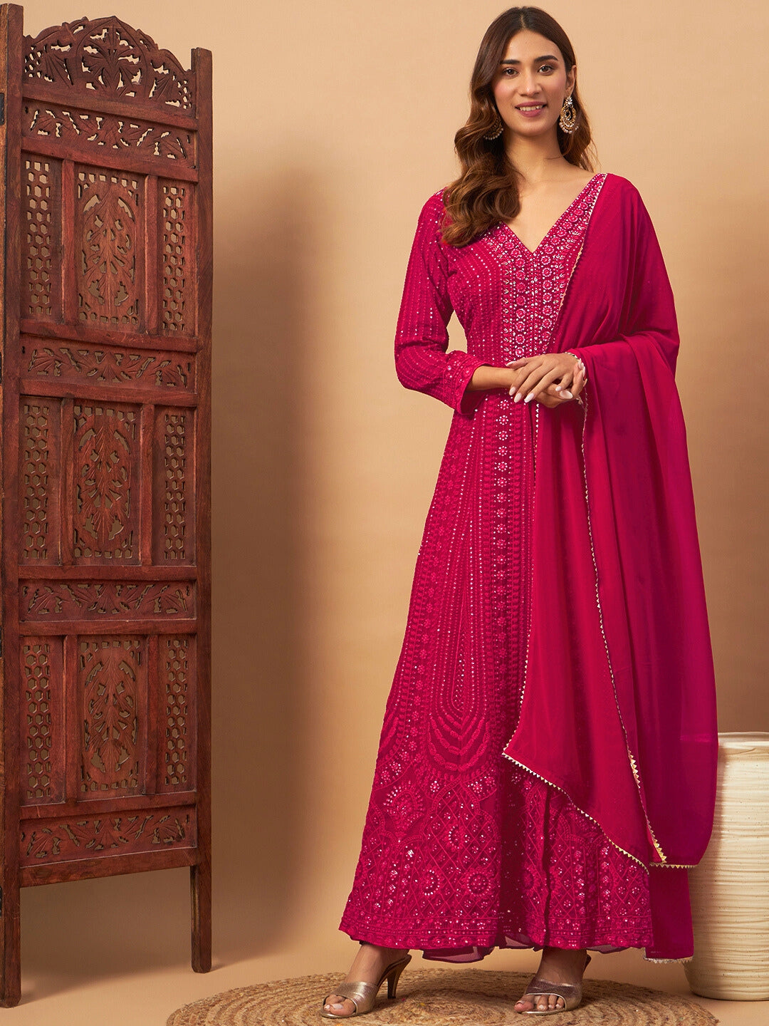 Georgette Floral Resham Embroidered Front Slit Long Kurta with Flared Palazzo
