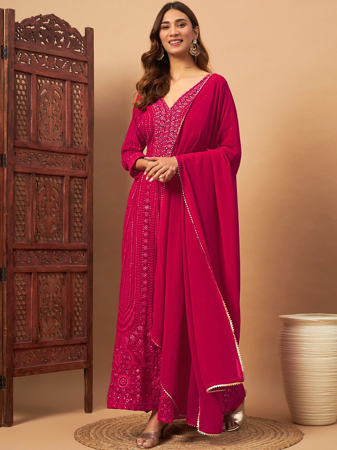 Georgette Floral Resham Embroidered Front Slit Long Kurta with Flared Palazzo