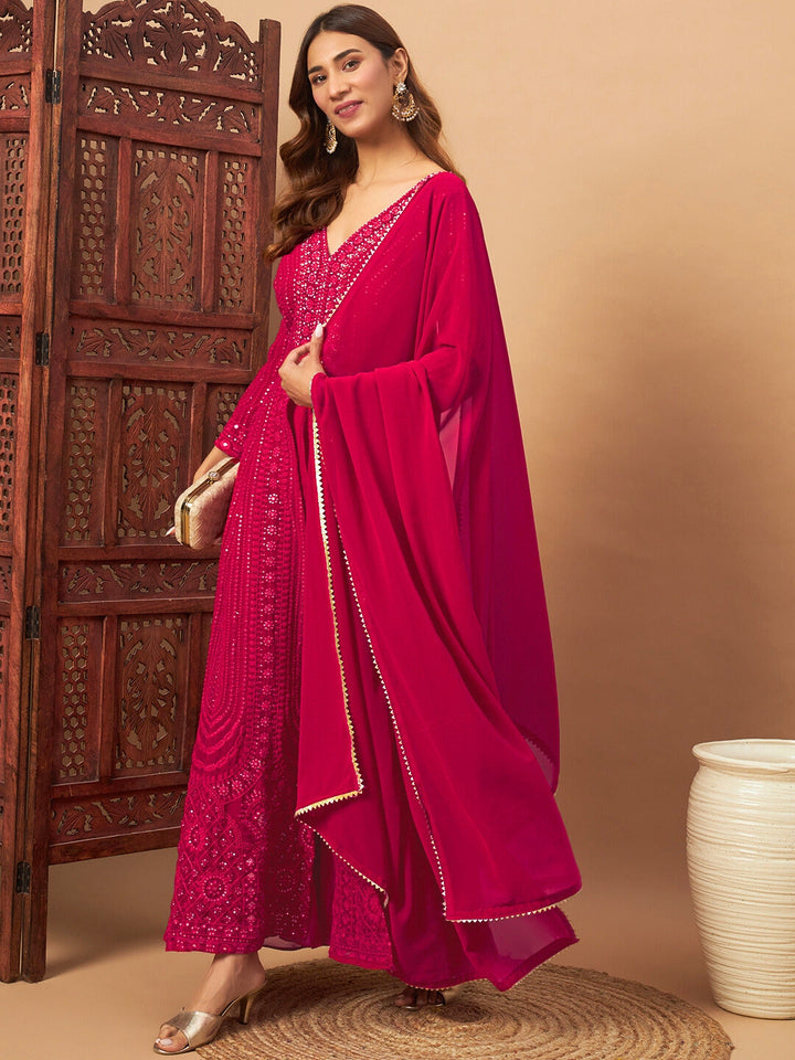 Georgette Floral Resham Embroidered Front Slit Long Kurta with Flared Palazzo