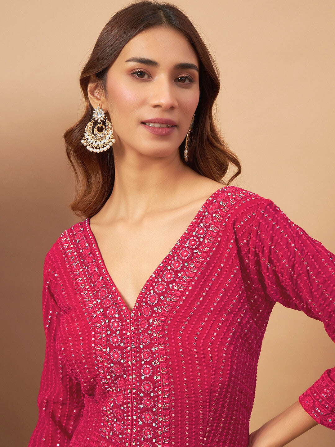 Georgette Floral Resham Embroidered Front Slit Long Kurta with Flared Palazzo