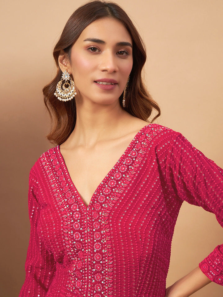 Georgette Floral Resham Embroidered Front Slit Long Kurta with Flared Palazzo