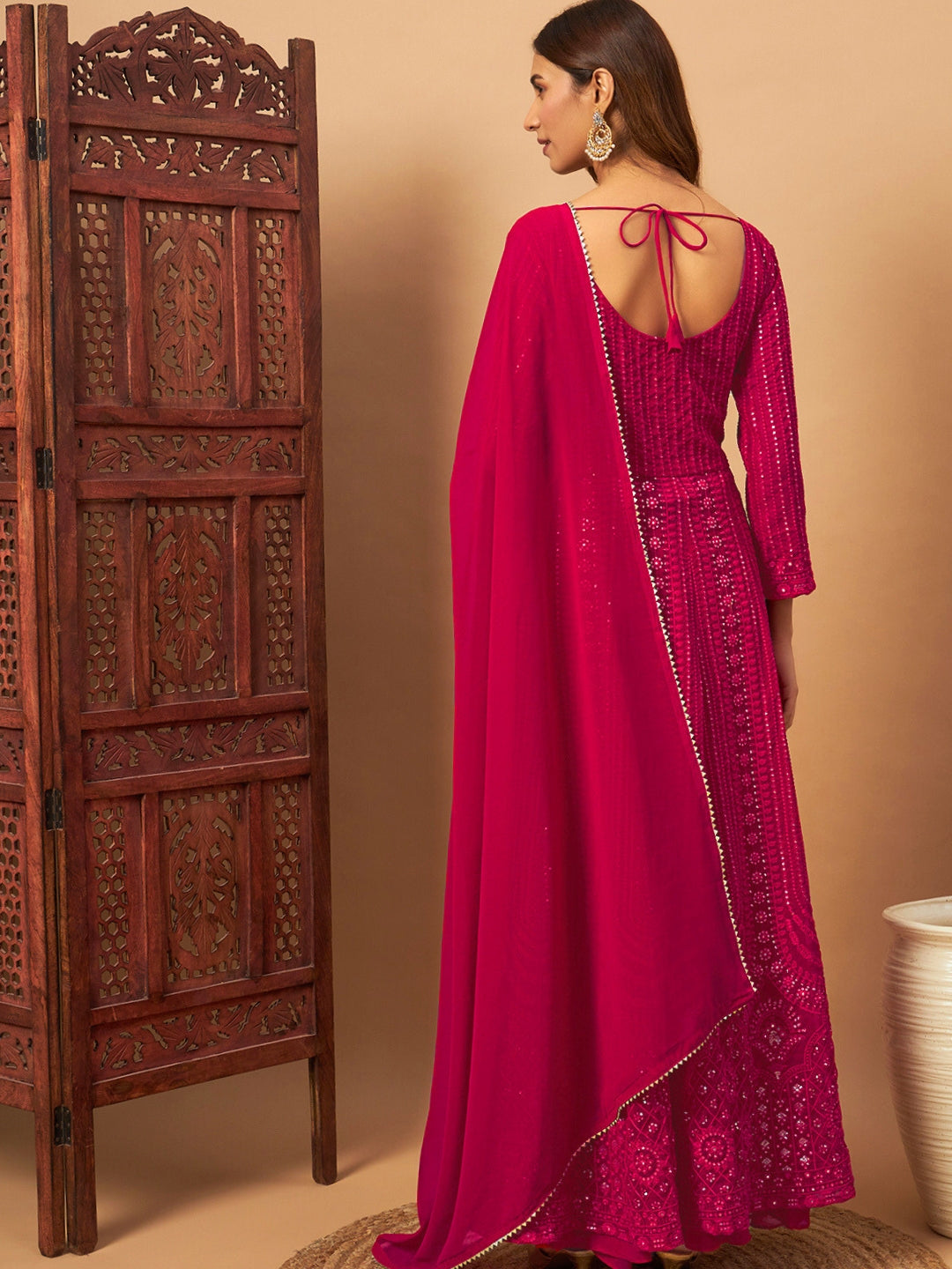 Georgette Floral Resham Embroidered Front Slit Long Kurta with Flared Palazzo