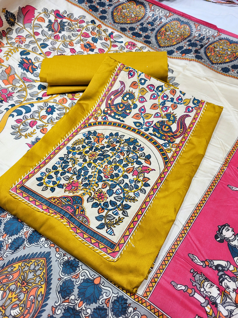 Chhabra 555 Mirror Embellished Kalamkari Print Dress Material with Animal & Human Figure Motifs