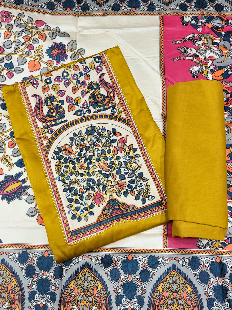 Mirror Embellished Kalamkari Print Dress Material with Animal & Human Figure Motifs