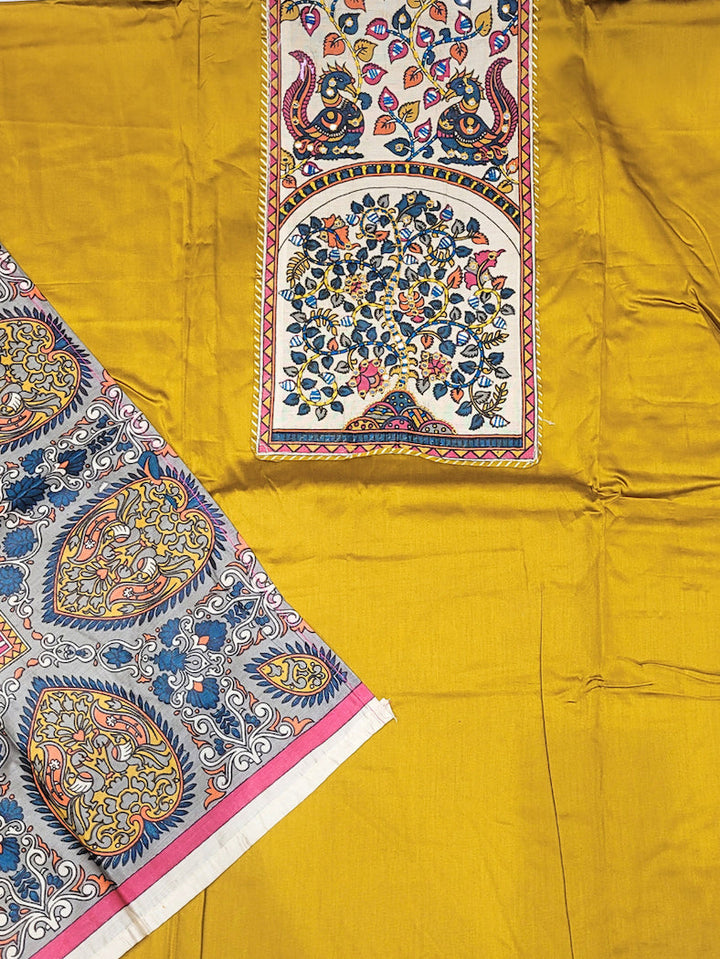 Mirror Embellished Kalamkari Print Dress Material with Animal & Human Figure Motifs