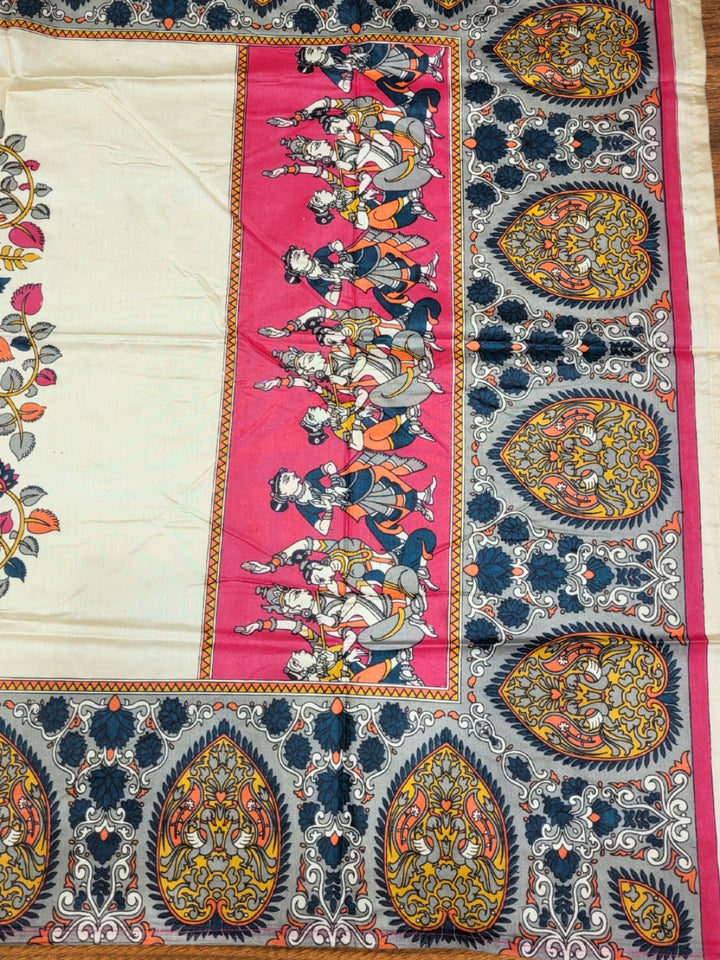 Mirror Embellished Kalamkari Print Dress Material with Animal & Human Figure Motifs