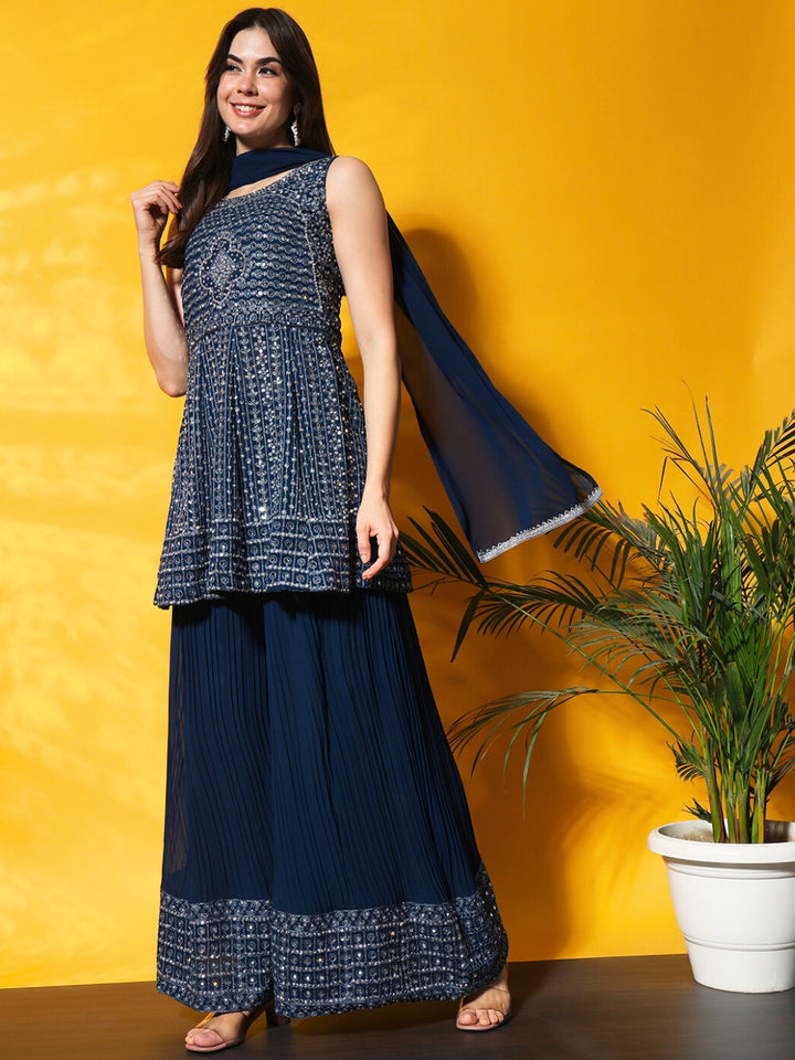 Mirror Embellished Kalidar Kurta Set with Pleated Palazzo