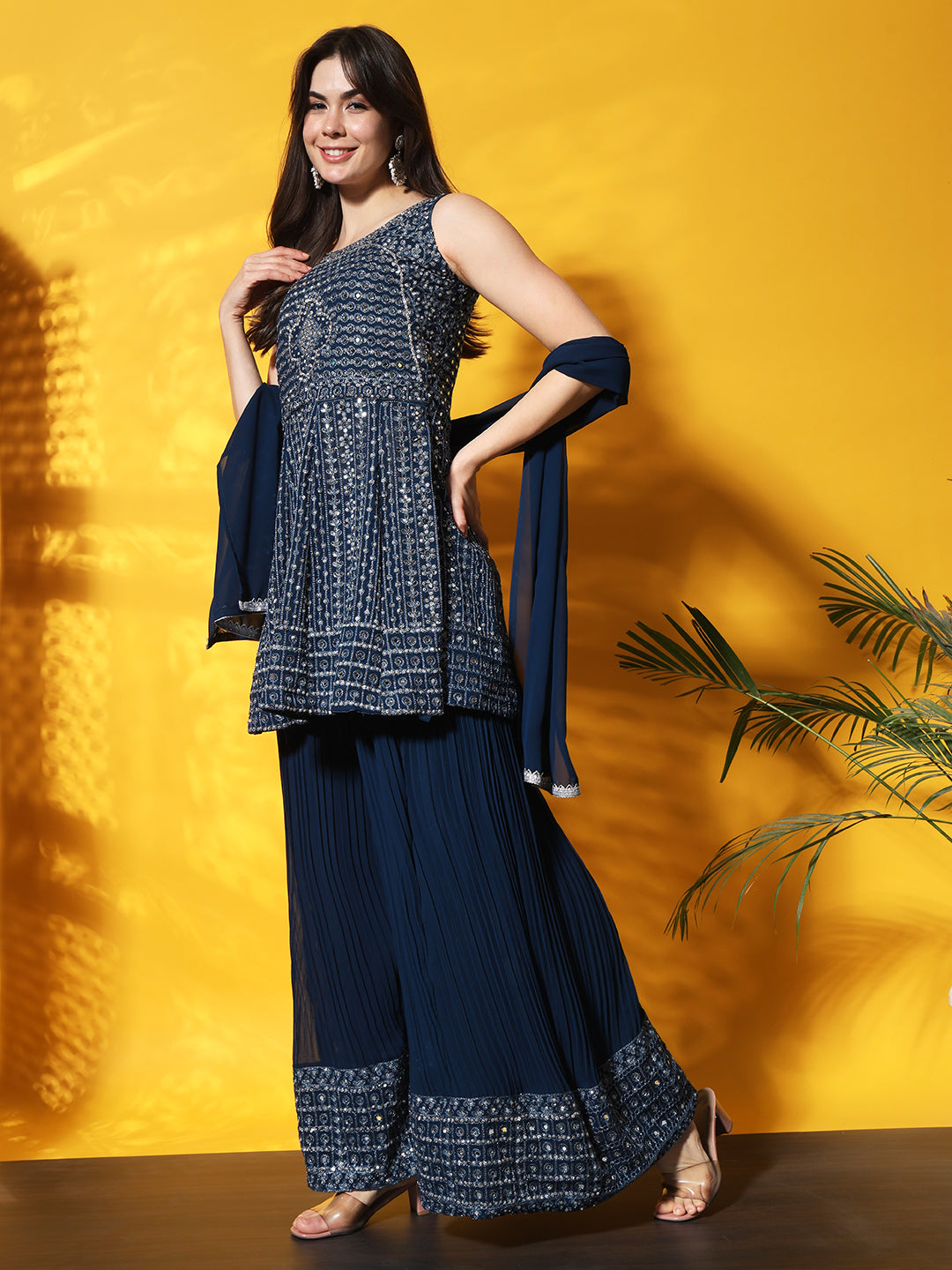 Mirror Embellished Kalidar Kurta Set with Pleated Palazzo