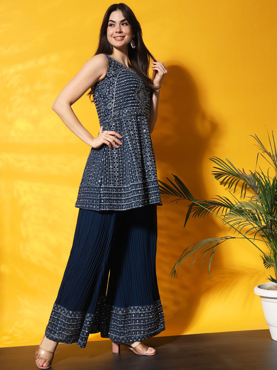 Mirror Embellished Kalidar Kurta Set with Pleated Palazzo