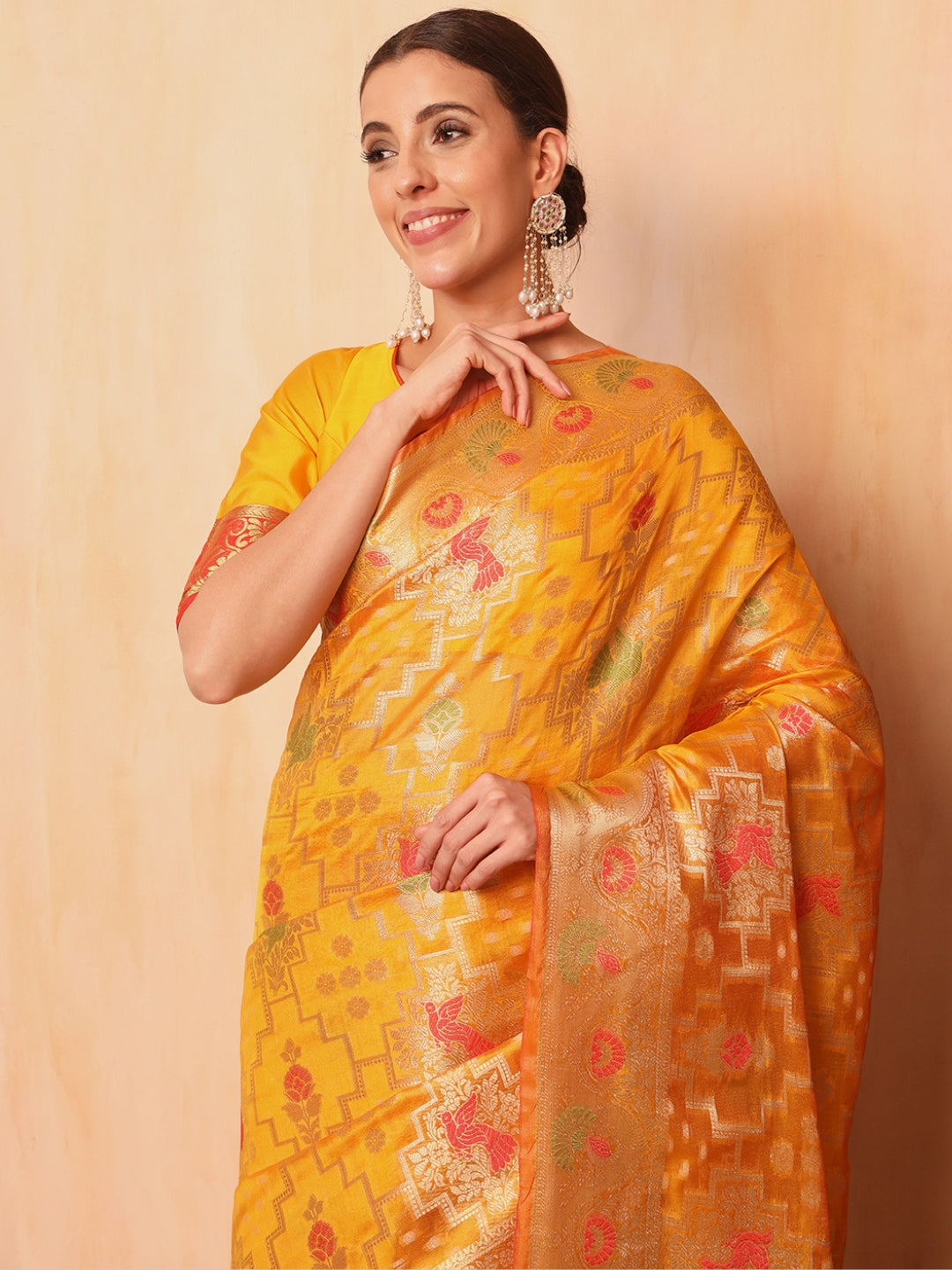 Mustard Resham Meenakari Traditional Chanderi Silk Saree