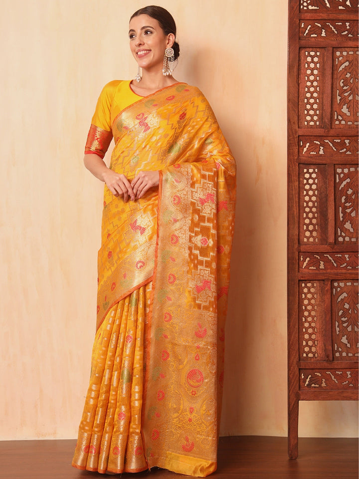Mustard Resham Meenakari Traditional Chanderi Silk Saree