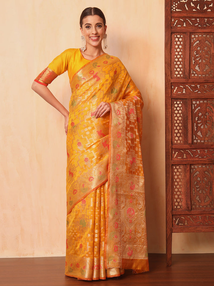 Mustard Resham Meenakari Traditional Chanderi Silk Saree