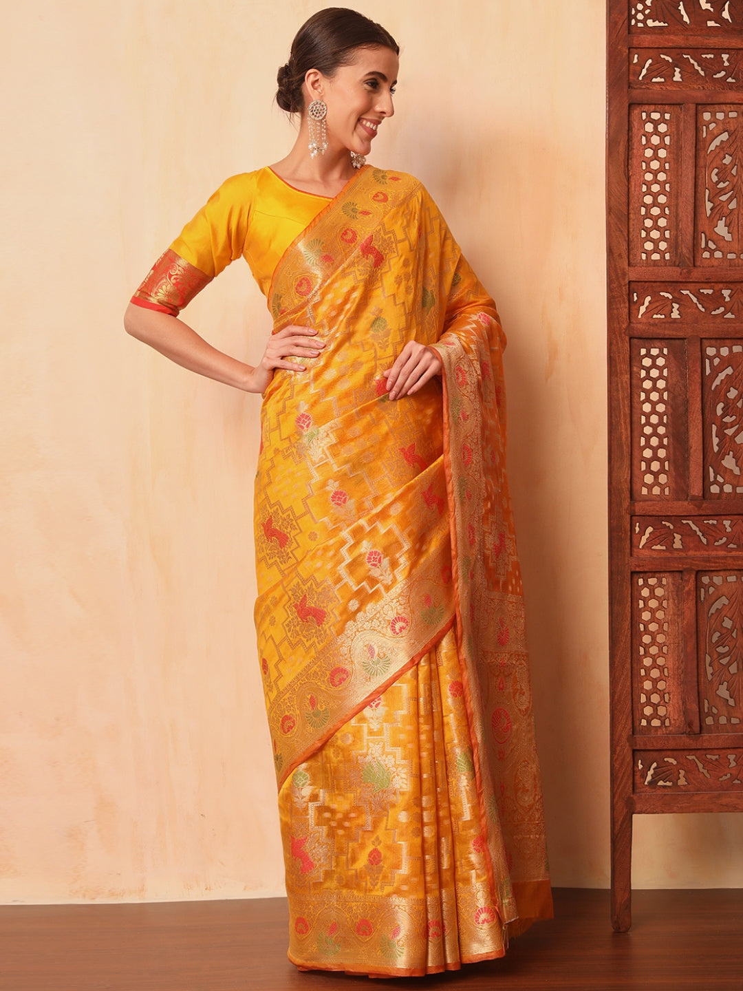 Mustard Resham Meenakari Traditional Chanderi Silk Saree