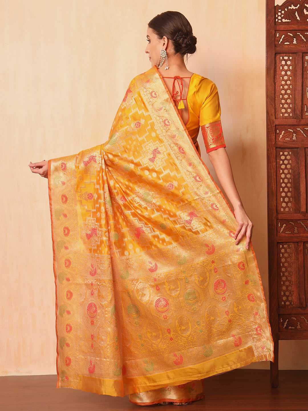 Mustard Resham Meenakari Traditional Chanderi Silk Saree