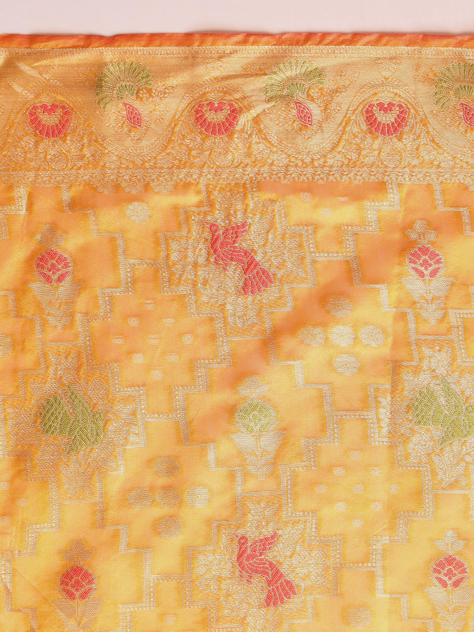 Mustard Resham Meenakari Traditional Chanderi Silk Saree