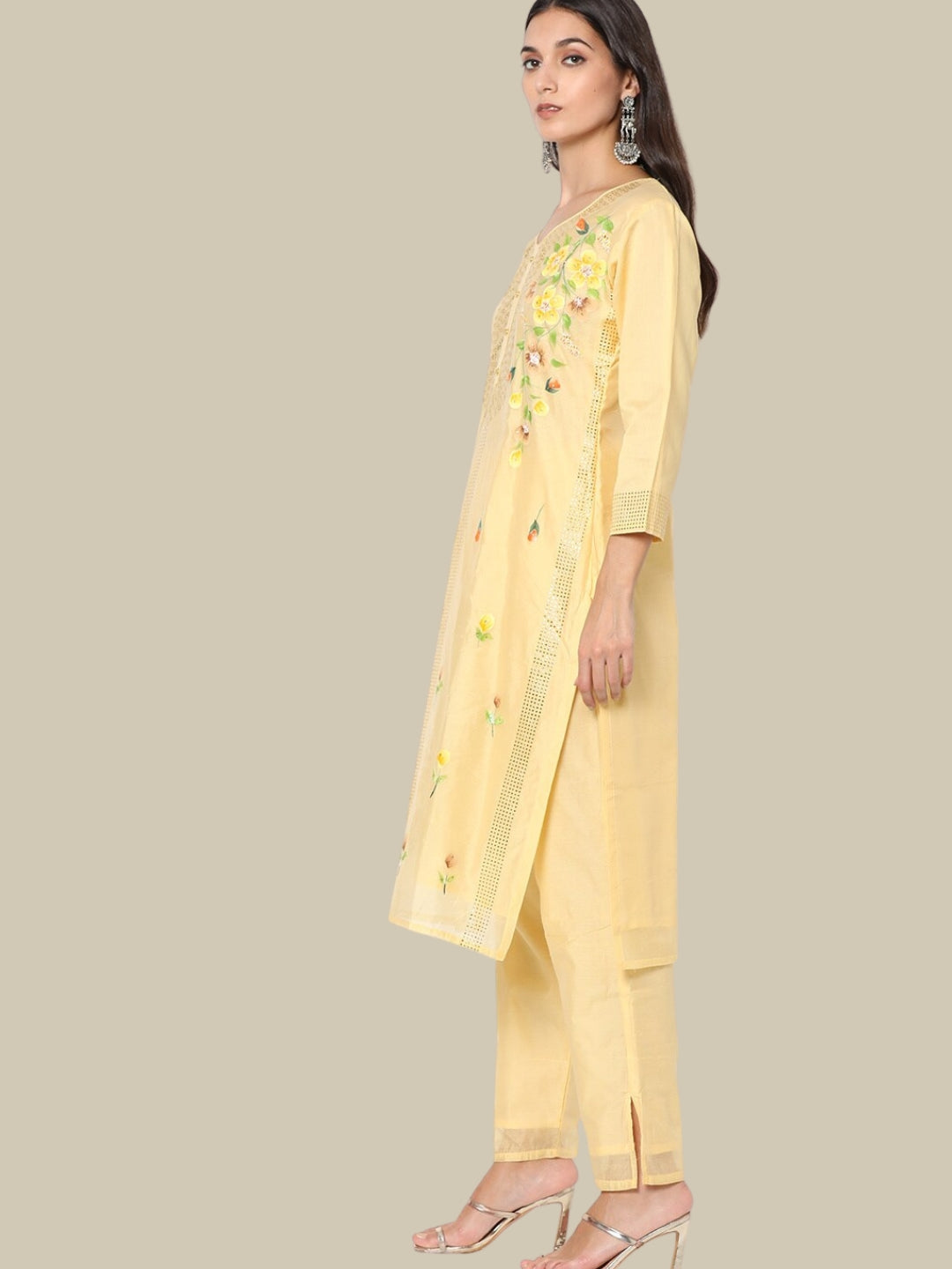 Pastel Crystal Embelished Floral Printed Chanderi Cotton Kurta Set