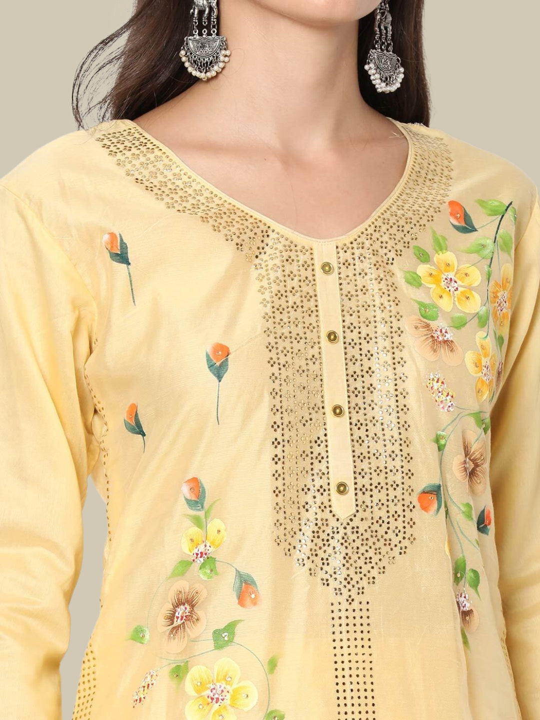 Pastel Crystal Embelished Floral Printed Chanderi Cotton Kurta Set