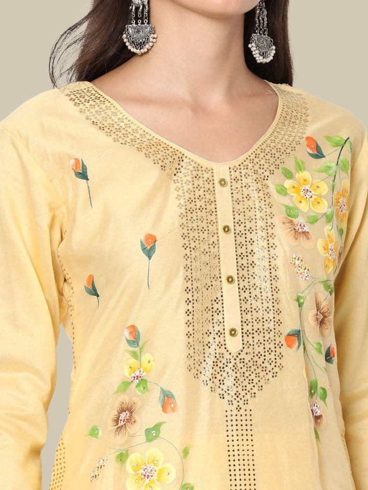 Pastel Crystal Embelished Floral Printed Chanderi Cotton Kurta Set