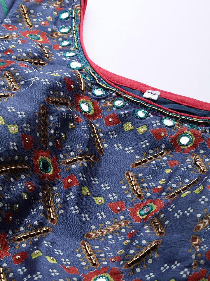 Print Crop Top Lehenga Set with Mirror & Pleated Sleeve