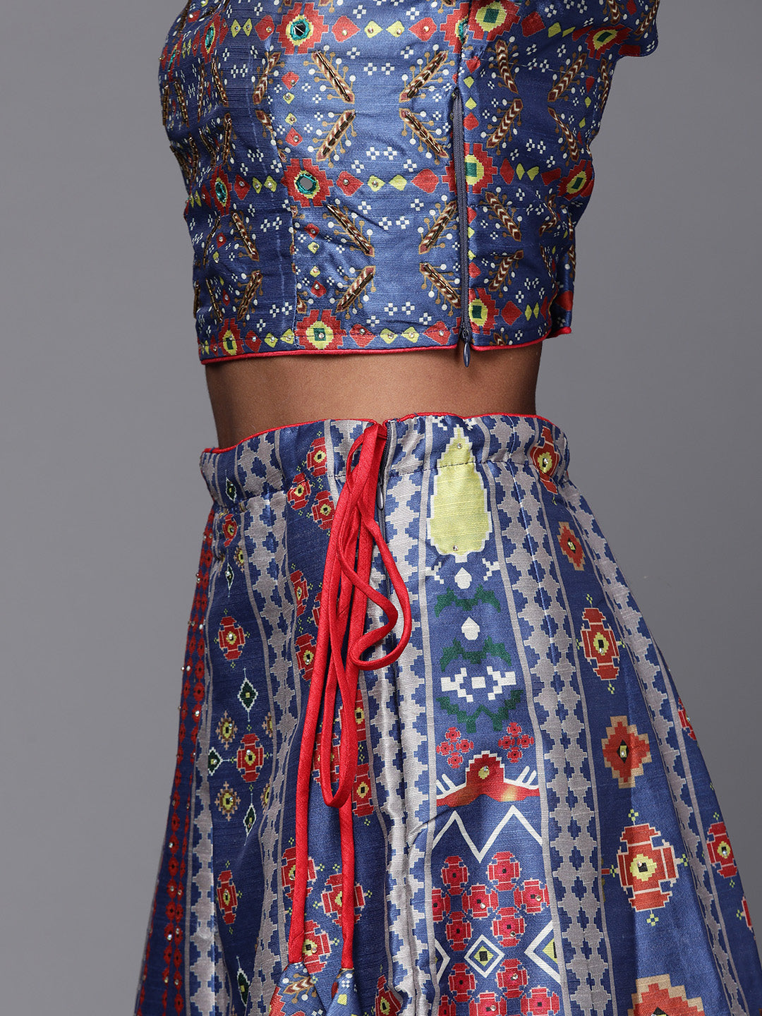 Print Crop Top Lehenga Set with Mirror & Pleated Sleeve