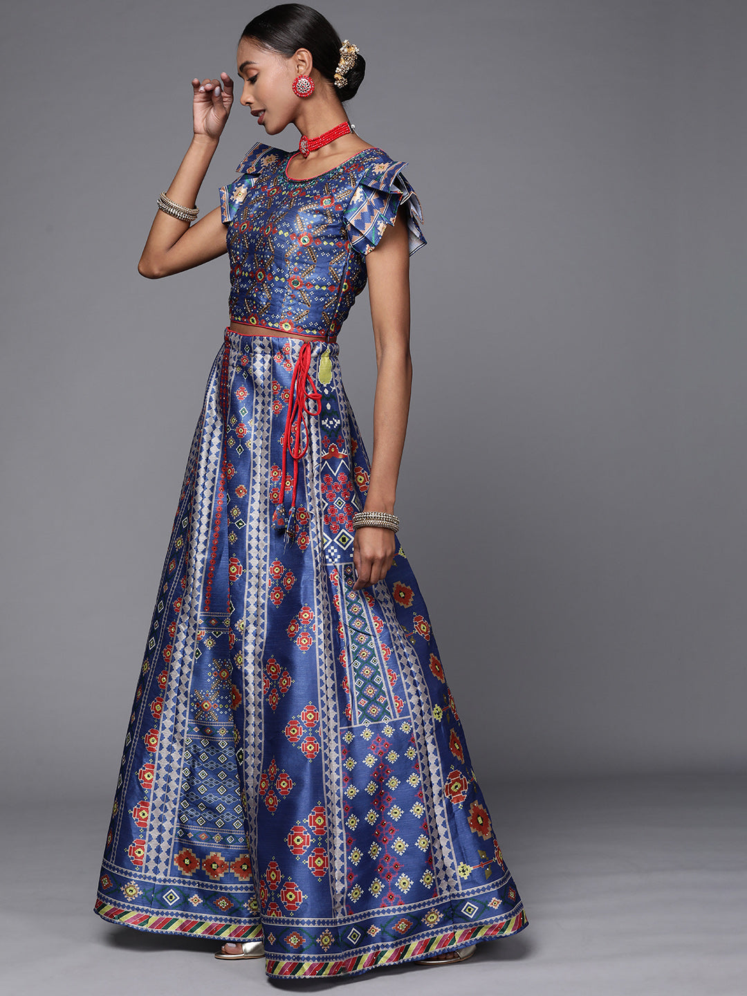 Print Crop Top Lehenga Set with Mirror & Pleated Sleeve