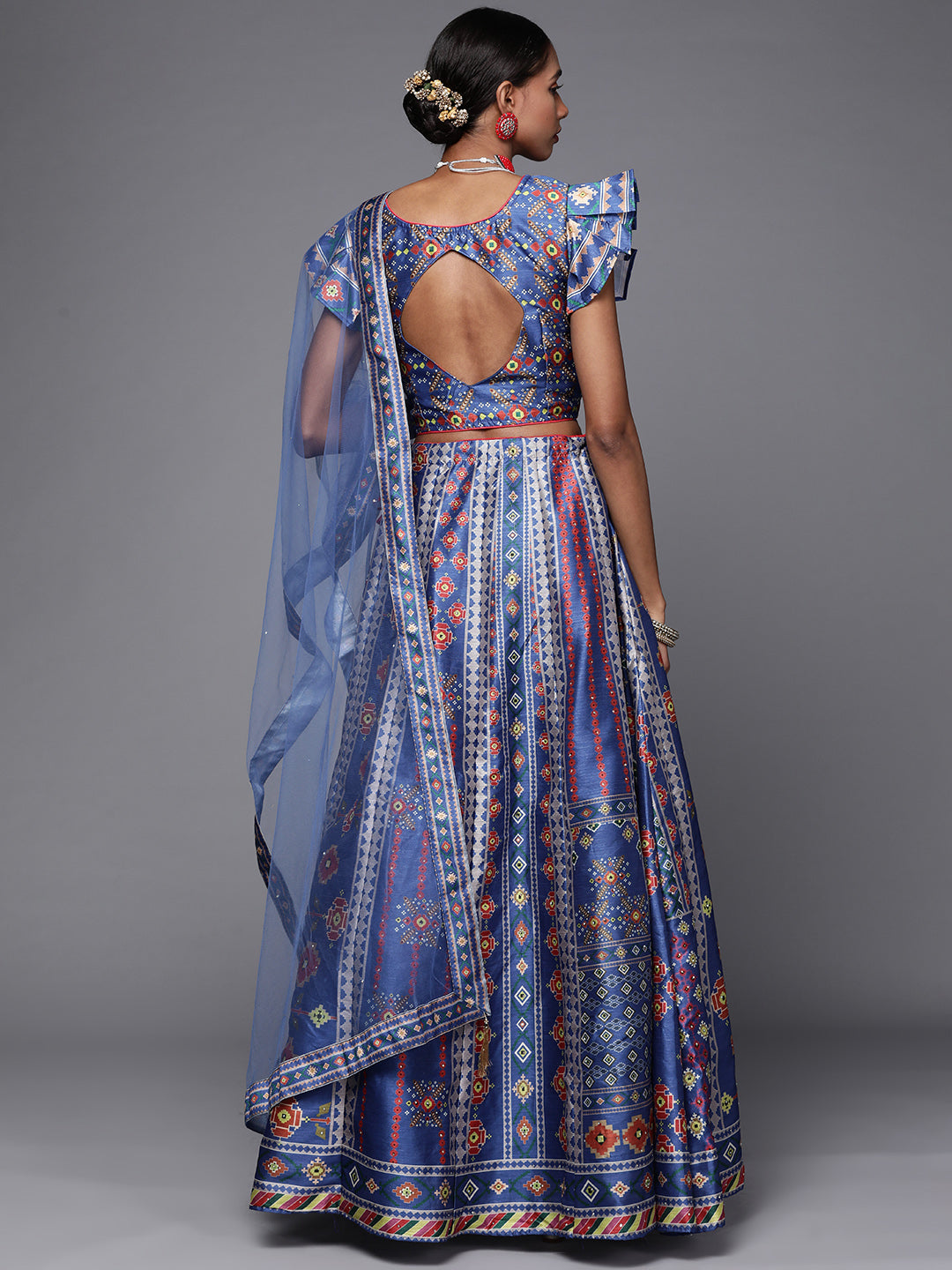 Print Crop Top Lehenga Set with Mirror & Pleated Sleeve