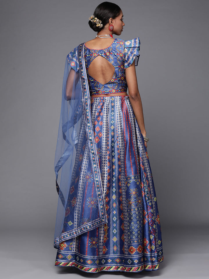 Print Crop Top Lehenga Set with Mirror & Pleated Sleeve