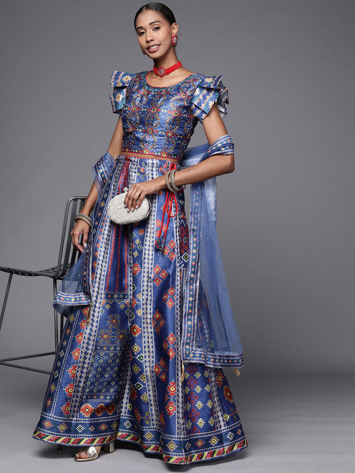 Print Crop Top Lehenga Set with Mirror & Pleated Sleeve