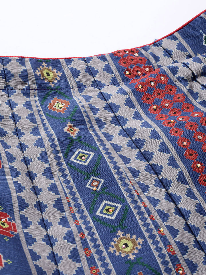 Print Crop Top Lehenga Set with Mirror & Pleated Sleeve