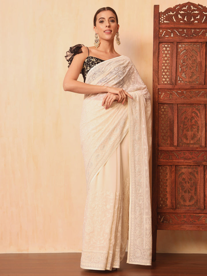 White Resham Lucknow Embroidery & Swarovski Embellish Georgette Saree