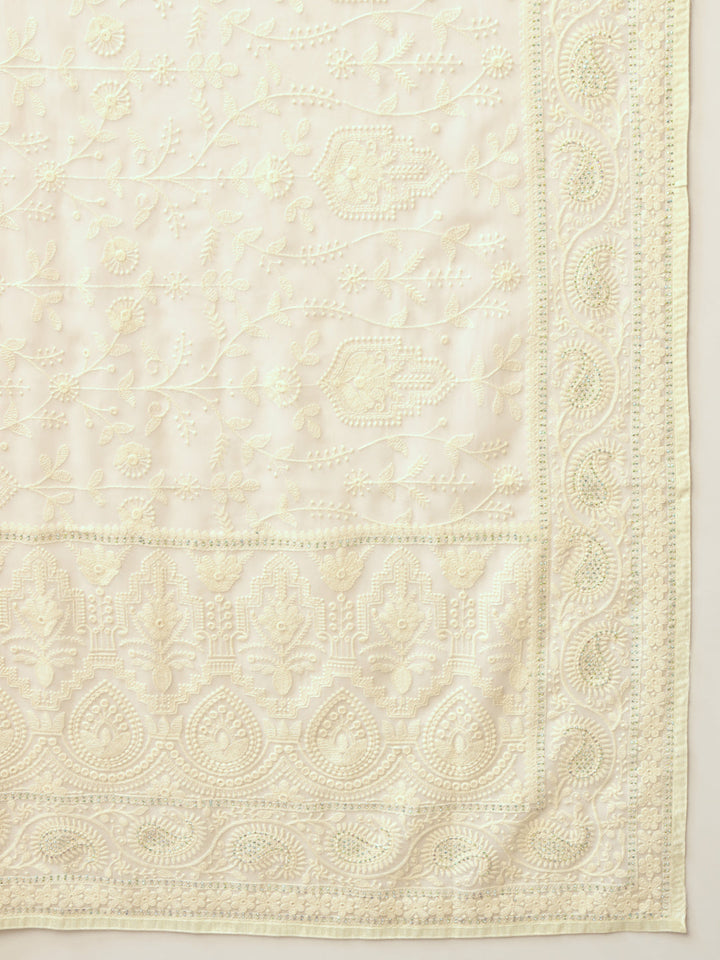 White Resham Lucknow Embroidery & Swarovski Embellish Georgette Saree