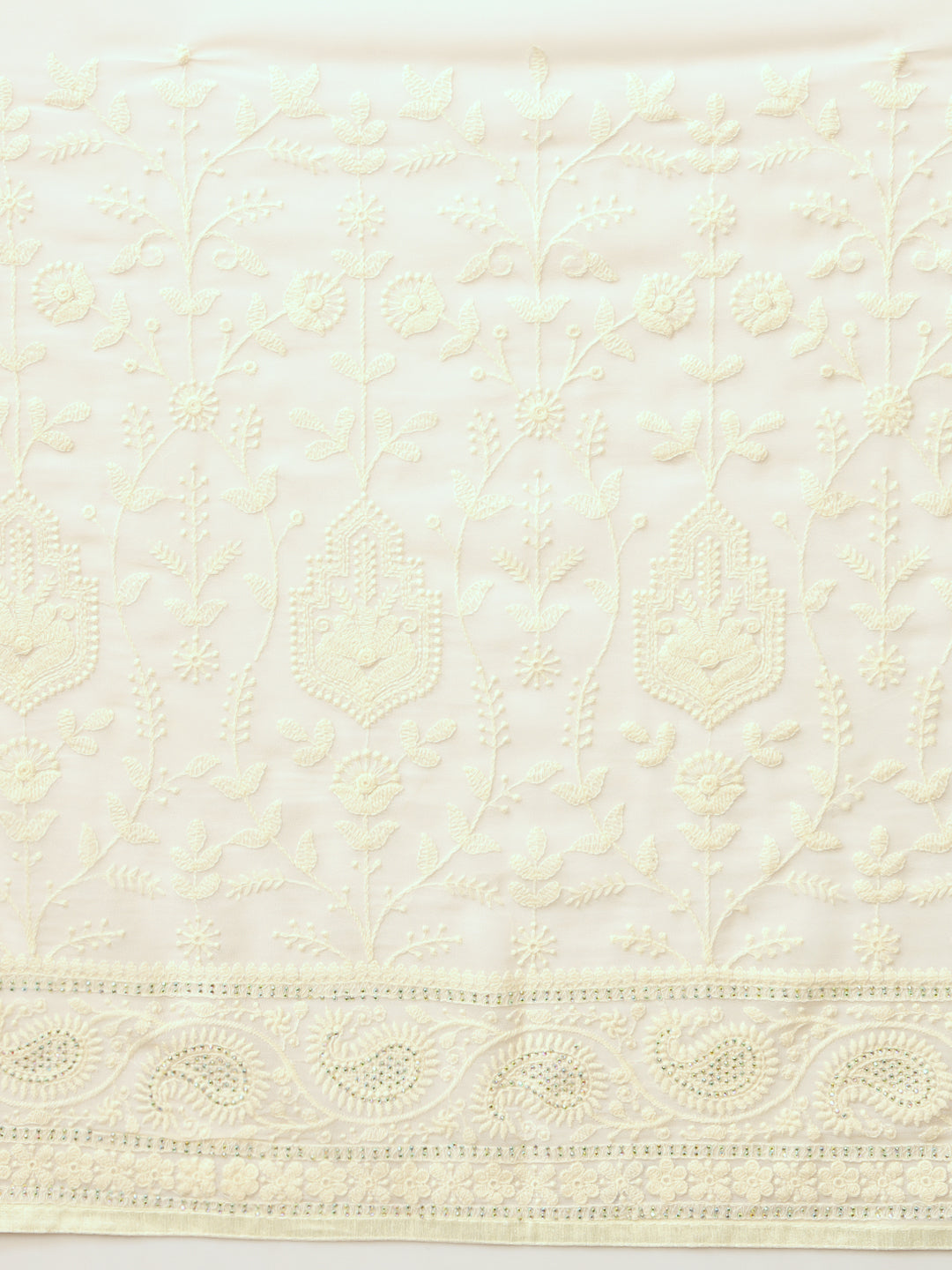 White Resham Lucknow Embroidery & Swarovski Embellish Georgette Saree