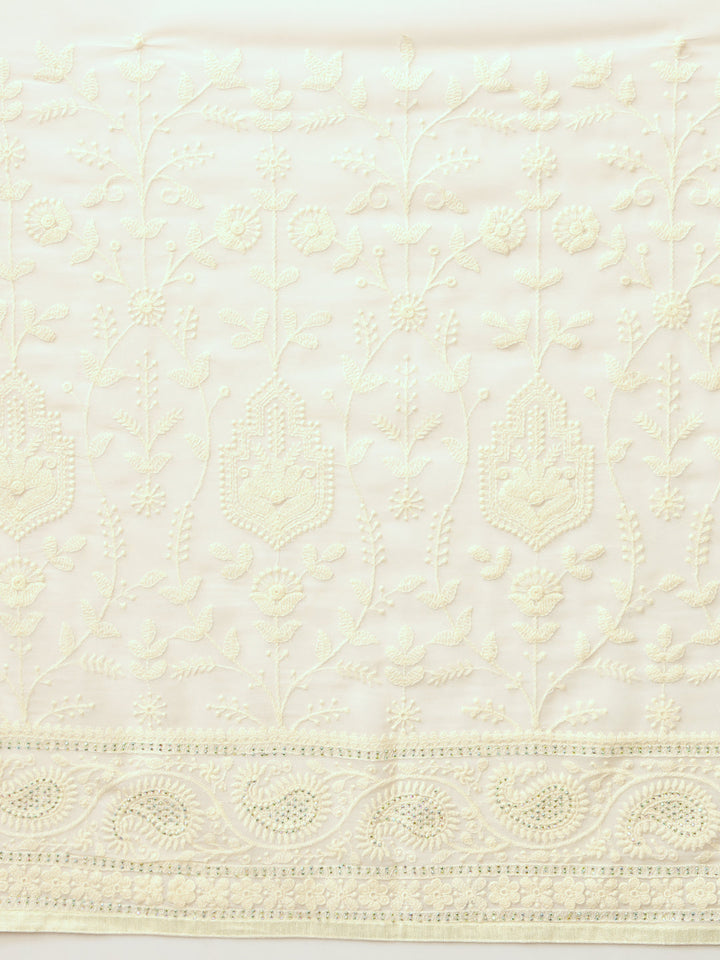 White Resham Lucknow Embroidery & Swarovski Embellish Georgette Saree