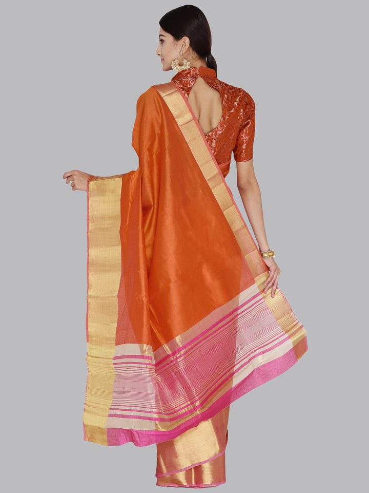 Chhabra 555 Banarasi Chanderi Silk Orange Saree with Thick Zari Border with Contrast Brocade Blouse