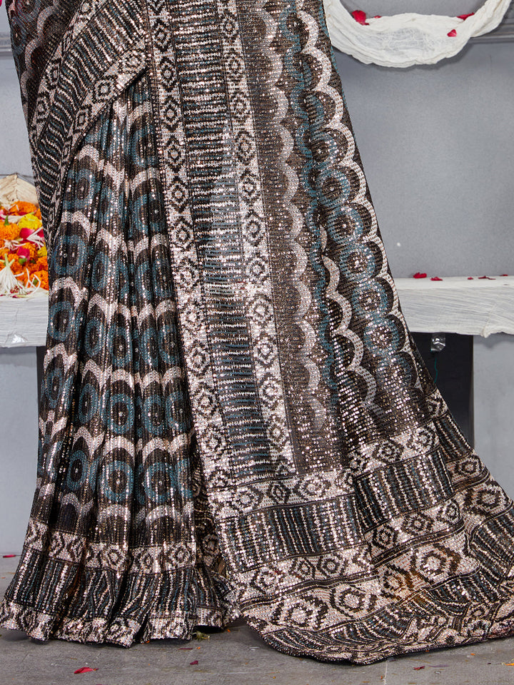 Digital Print Sequin Embroidered saree with Geometric Linear patterns