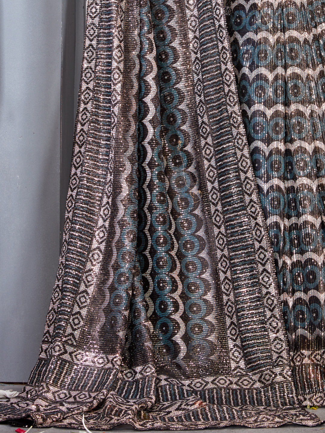 Digital Print Sequin Embroidered saree with Geometric Linear patterns