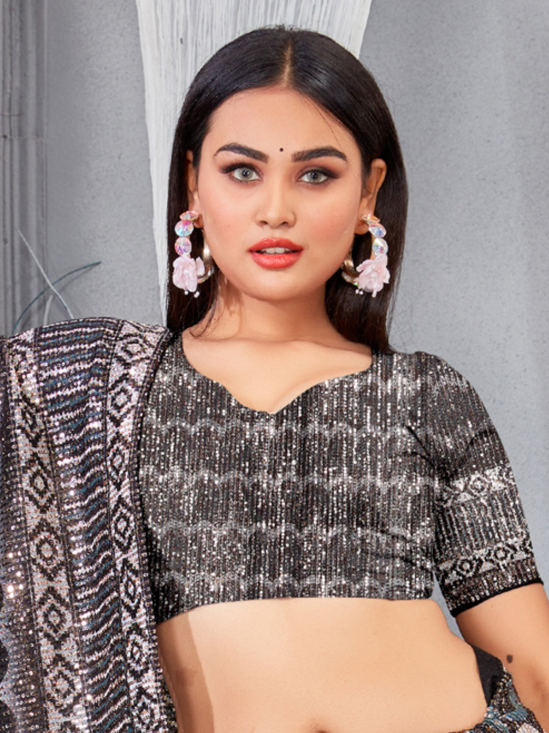 Digital Print Sequin Embroidered saree with Geometric Linear patterns