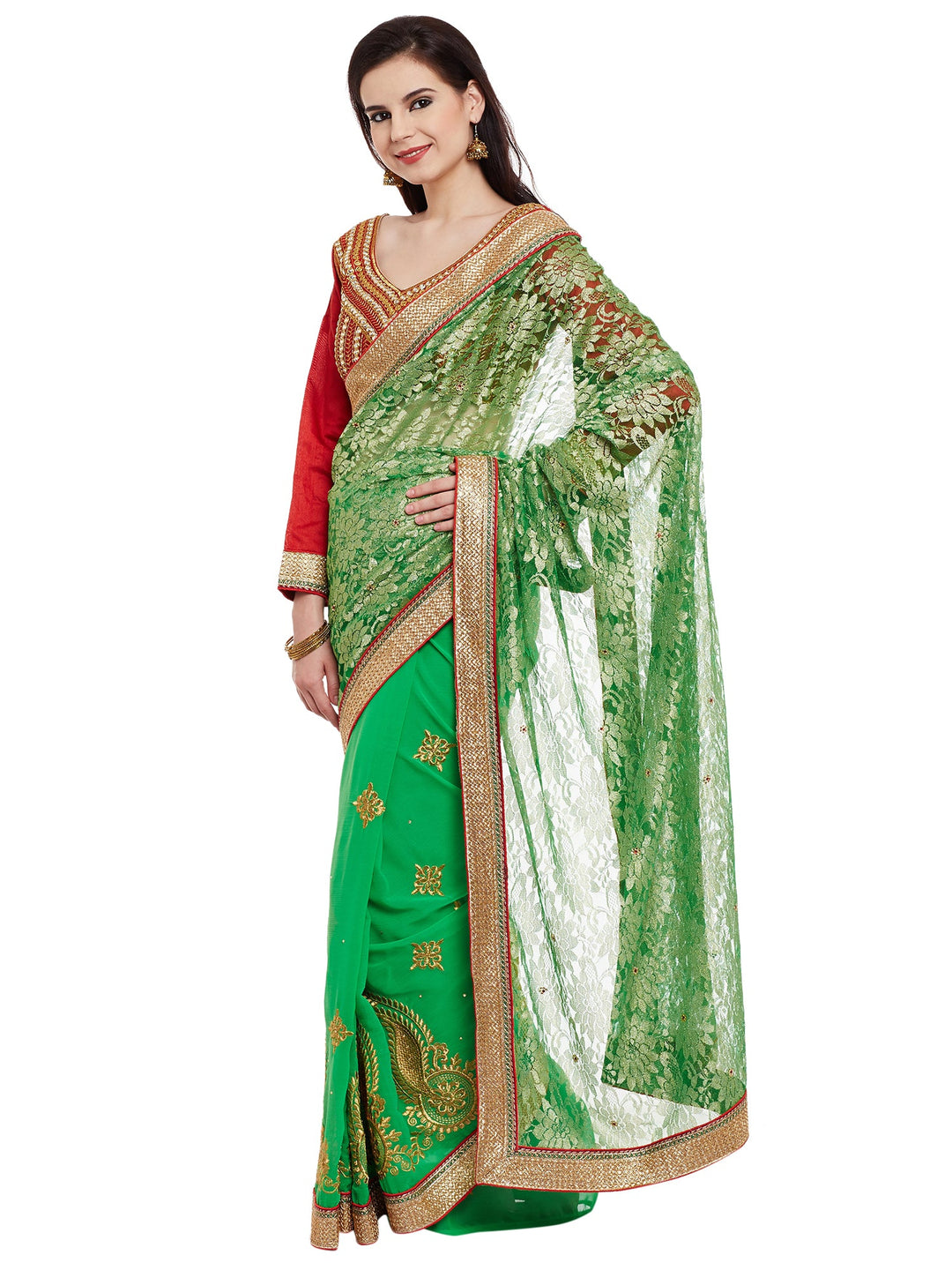 Green  Embroidered Georgette Half & Half Saree With Net Pallu