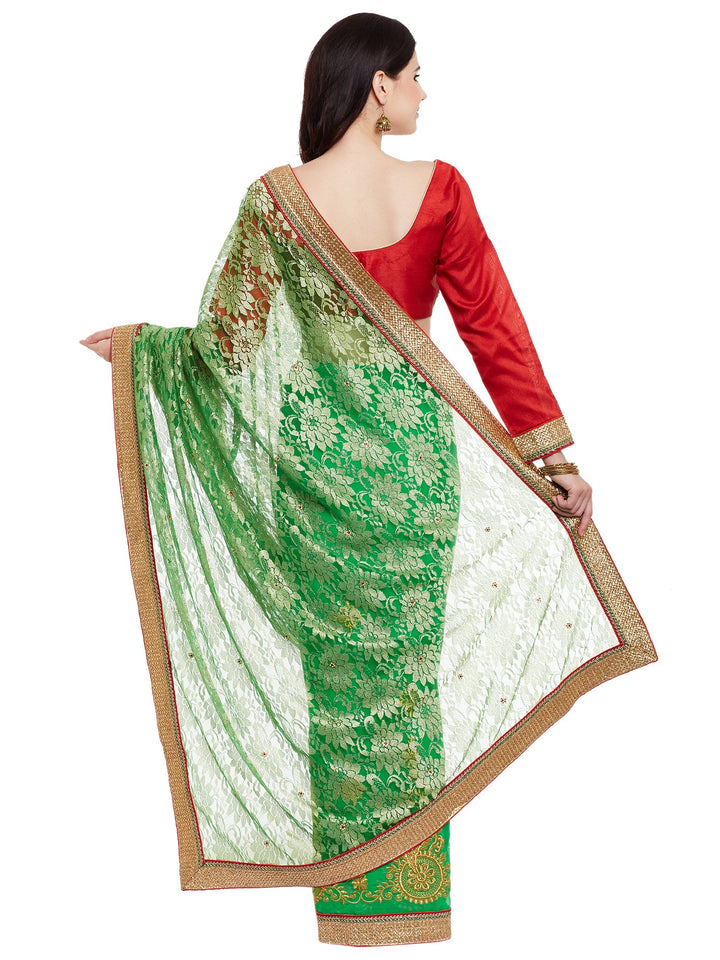 Green  Embroidered Georgette Half & Half Saree With Net Pallu