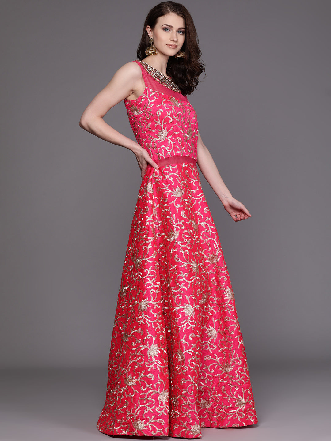 Made to Measure Anarkali Cocktail Gown with Embellished Neckline and Kasab Embroidery