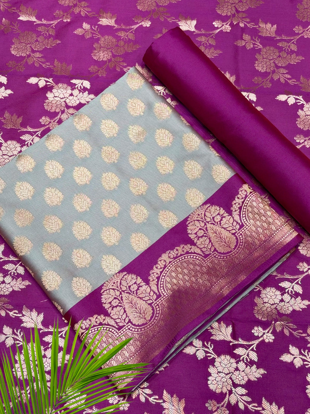 Banarasi Silk Colorblocked Dress Material with Tropical Zari Weaving & Jhalar Dupatta