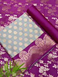 Banarasi Silk Colorblocked Dress Material with Tropical Zari Weaving & Jhalar Dupatta