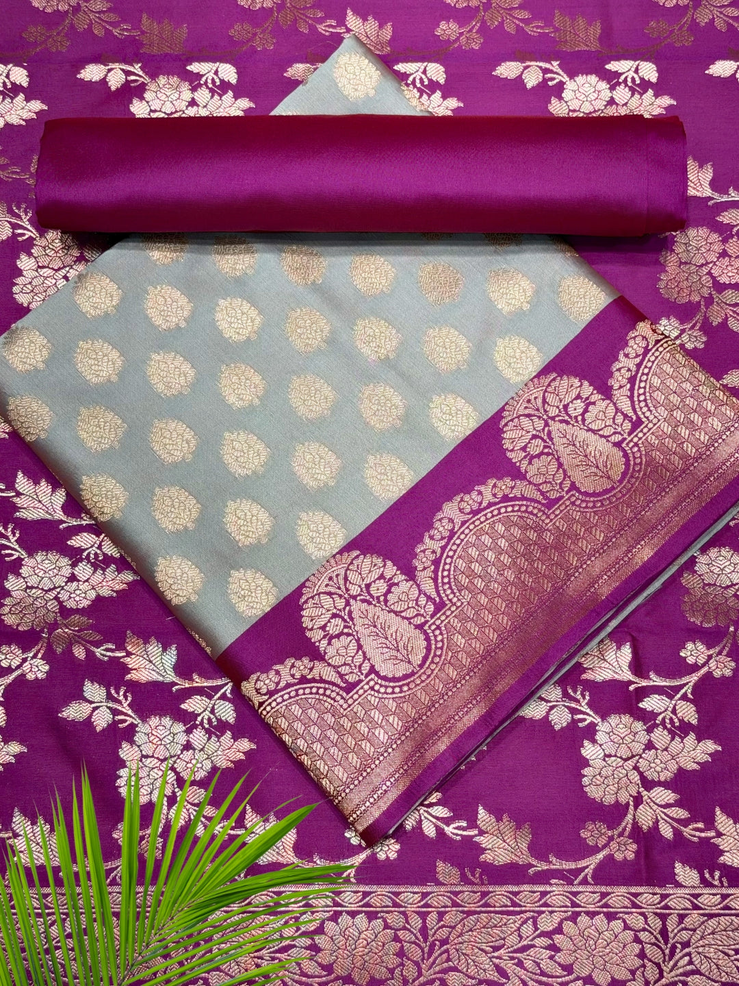 Banarasi Silk Colorblocked Dress Material with Tropical Zari Weaving & Jhalar Dupatta
