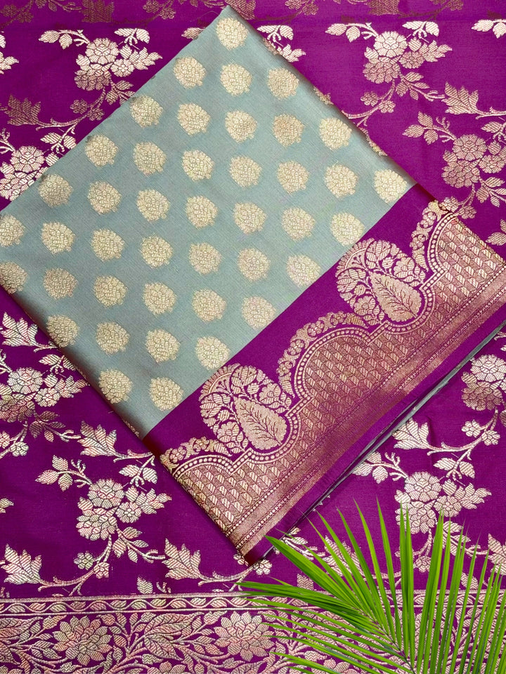 Banarasi Silk Colorblocked Dress Material with Tropical Zari Weaving & Jhalar Dupatta