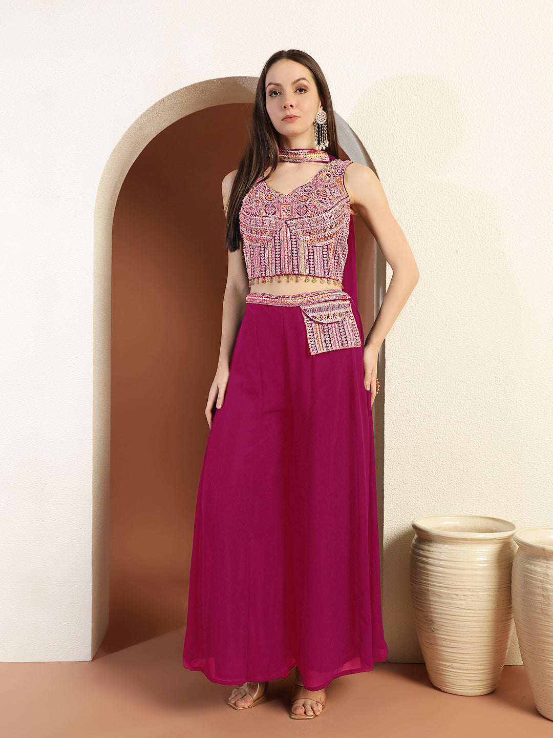 Resham Embroidery Tasseled Crop Top Pallazo set with Stylish Pocket & Pre-draped Dupatta