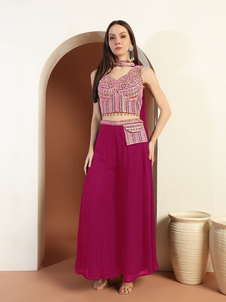 Resham Embroidery Tasseled Crop Top Pallazo set with Stylish Pocket & Pre-draped Dupatta
